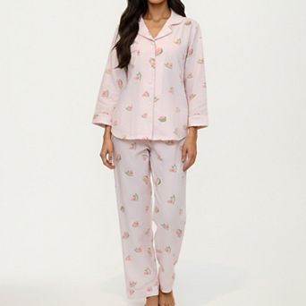 Women's 2 pc Set Heart Print Button Front Pajama Top and Matching Elastic Waist Pants