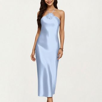 Women's Strapless Midi Slip Dress with Floral Appliqué Halter Detail and Sleek Smooth Silhouette