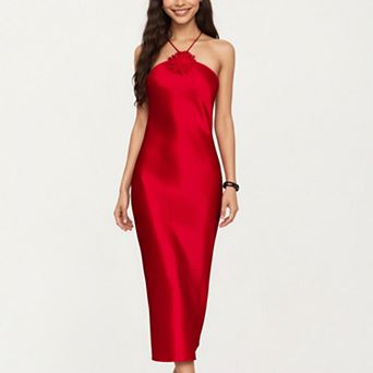 Women's Strapless Midi Slip Dress with Floral Appliqué Halter Detail and Sleek Smooth Silhouette