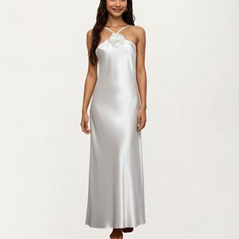 Women's Strapless Midi Slip Dress with Floral Appliqué Halter Detail and Sleek Smooth Silhouette