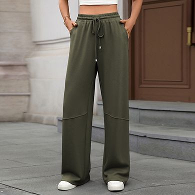 Women's Solid Color Wide Leg Pants Elastic Waist Drawstring with Pockets Casual Loose Trousers