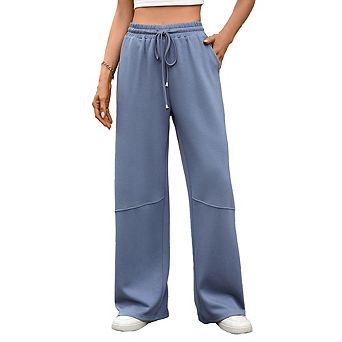 Women's Solid Color Wide Leg Pants Elastic Waist Drawstring with Pockets Casual Loose Trousers