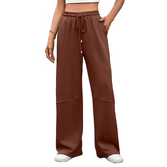 Women's Solid Color Wide Leg Pants Elastic Waist Drawstring with Pockets Casual Loose Trousers