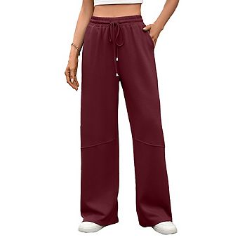 Women's Solid Color Wide Leg Pants Elastic Waist Drawstring with Pockets Casual Loose Trousers
