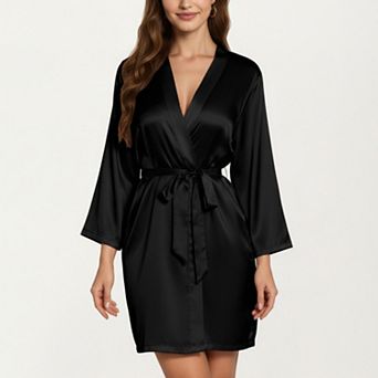 Women's Satin Short Robe with Adjustable Tie Waist in Smooth Lightweight Silky Fabric