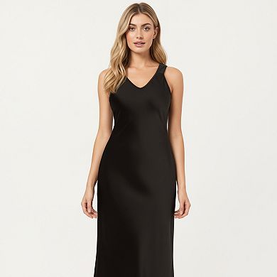 Women's Satin Midi Slip Dress with Wide Shoulder Straps and Smooth Sculpted Silhouette