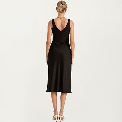 Women's Satin Midi Slip Dress with Wide Shoulder Straps and Smooth Sculpted Silhouette