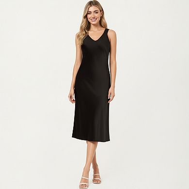 Women's Satin Midi Slip Dress with Wide Shoulder Straps and Smooth Sculpted Silhouette