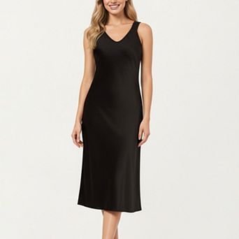 Women's Satin Midi Slip Dress with Wide Shoulder Straps and Smooth Sculpted Silhouette