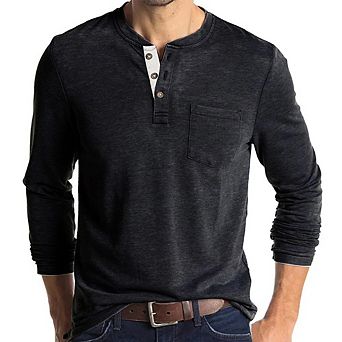 Men's Henley Shirt Long Sleeve Crew Neck Button Cotton Casual Versatile Top