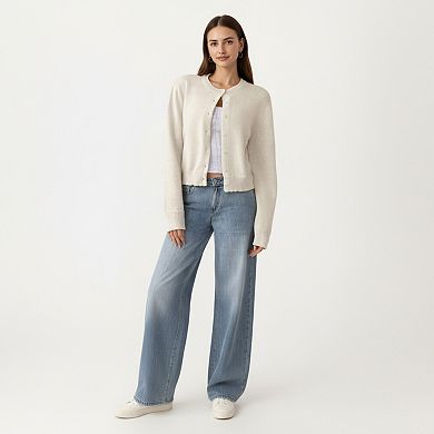 Women's Soft Knit Button Front Cropped Cardigan with Ribbed Trim Details and Relaxed Long Sleeves