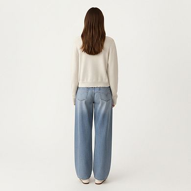 Women's Soft Knit Button Front Cropped Cardigan with Ribbed Trim Details and Relaxed Long Sleeves