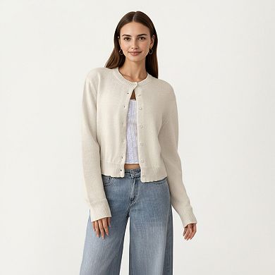 Women's Soft Knit Button Front Cropped Cardigan with Ribbed Trim Details and Relaxed Long Sleeves