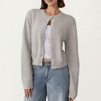 Women's Soft Knit Button Front Cropped Cardigan with Ribbed Trim Details and Relaxed Long Sleeves
