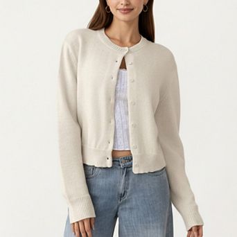 Women's Soft Knit Button Front Cropped Cardigan with Ribbed Trim Details and Relaxed Long Sleeves