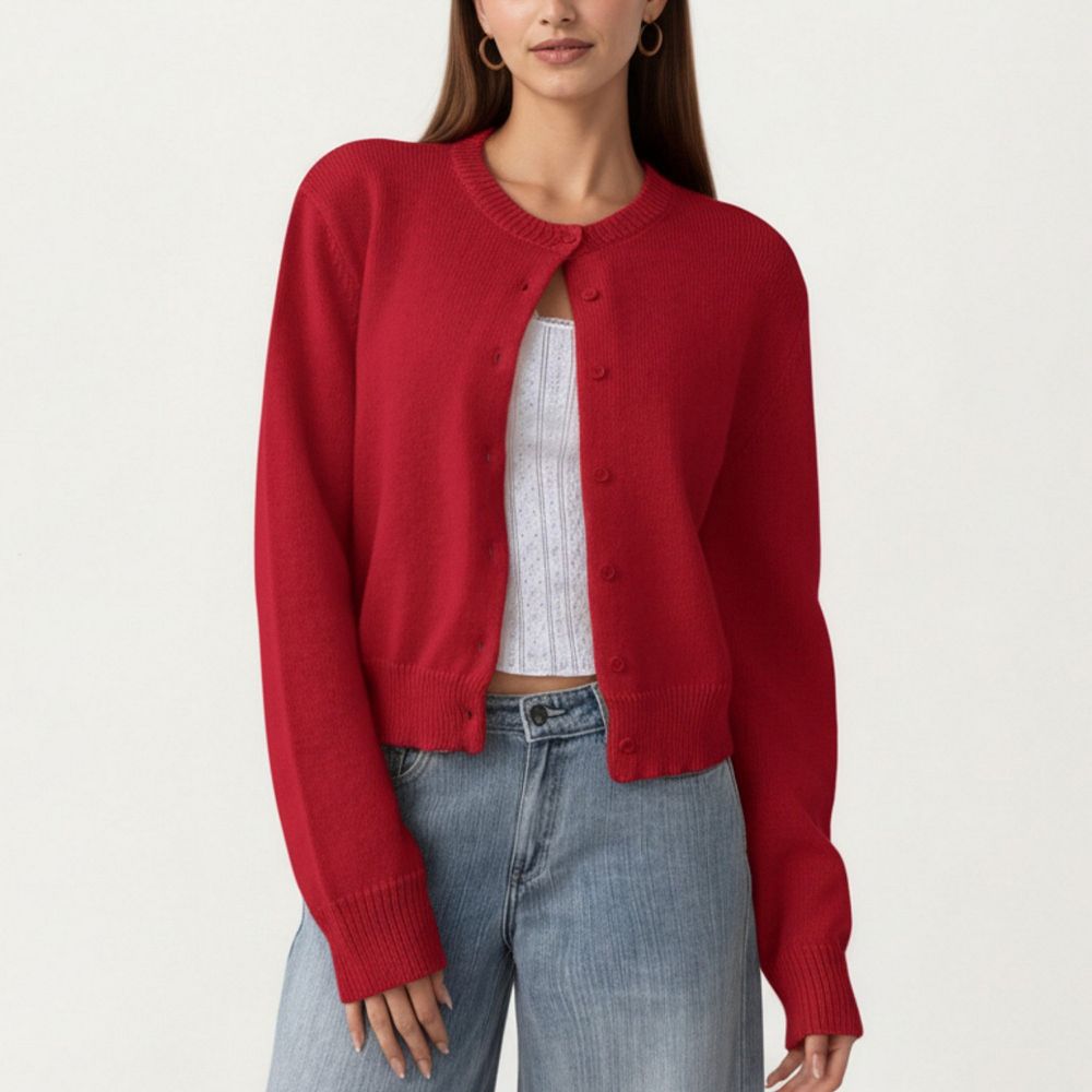 Button-Front Ribbed Knit Cardigan with Scarf