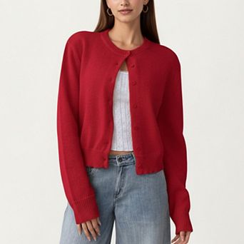 Women's Soft Knit Button Front Cropped Cardigan with Ribbed Trim Details and Relaxed Long Sleeves