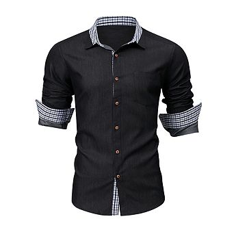 Men's Casual Denim Plaid Shirt Breathable Cotton Button Placket Business Long Sleeve