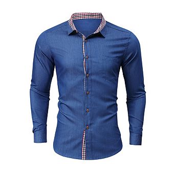Men's Casual Denim Plaid Shirt Breathable Cotton Button Placket Business Long Sleeve