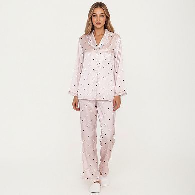 Women's 2-Piece Set Polka Dot Satin Button Front Pajama Top and Matching Relaxed Fit Pants
