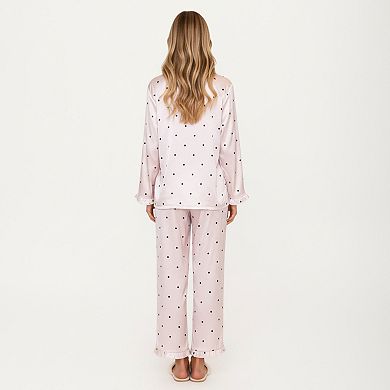 Women's 2-Piece Set Polka Dot Satin Button Front Pajama Top and Matching Relaxed Fit Pants