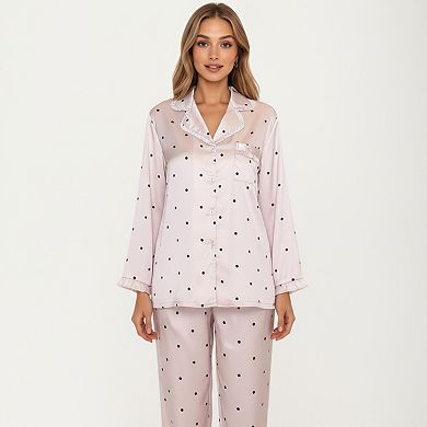 Women's 2-Piece Set Polka Dot Satin Button Front Pajama Top and Matching Relaxed Fit Pants