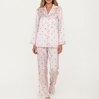 Women's 2 pc Set Polka Dot Satin Button Front Pajama Top and Matching Relaxed Fit Pants