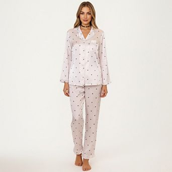 Women's 2 pc Set Polka Dot Satin Button Front Pajama Top and Matching Relaxed Fit Pants