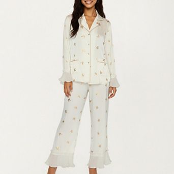 Women's 2 pc Set Satin Pajama Top with Piping Detail and Ruffled Cuffs Paired with Matching Pants