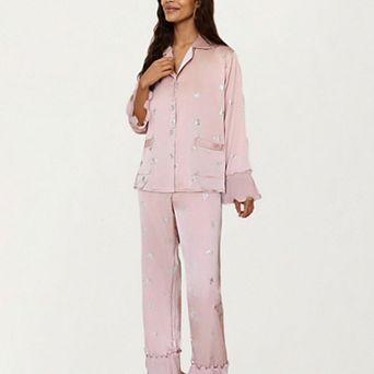 Women's 2 pc Set Satin Pajama Top with Piping Detail and Ruffled Cuffs Paired with Matching Pants