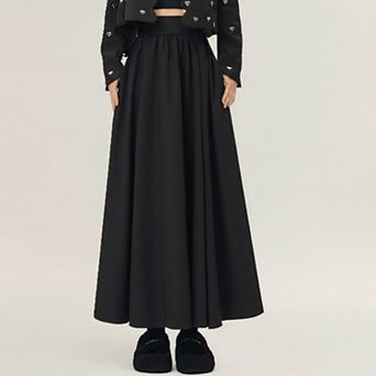 Women's Full Maxi Skirt with Wide Smooth Waistband and Flowing Voluminous Silhouette