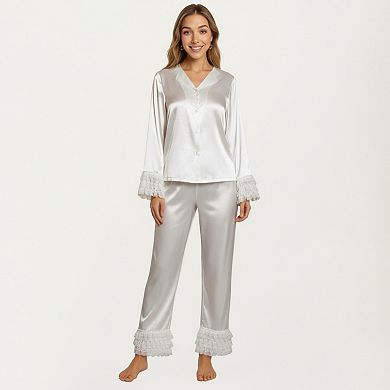 Women's Long Sleeve Pajama Set with Soft Button Front Top and Ruffled Cuff Trim Straight-Leg Pants
