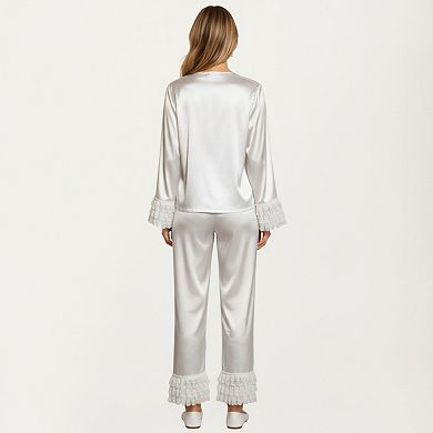Women's Long Sleeve Pajama Set with Soft Button Front Top and Ruffled Cuff Trim Straight-Leg Pants