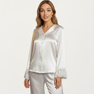 Women's Long Sleeve Pajama Set with Soft Button Front Top and Ruffled Cuff Trim Straight-Leg Pants
