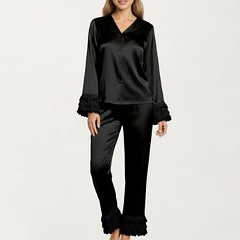 Women's Long Sleeve Pajama Set with Soft Button Front Top and Ruffled Cuff Trim Straight-Leg Pants