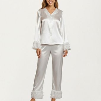 Women's Long Sleeve Pajama Set with Soft Button Front Top and Ruffled Cuff Trim Straight-Leg Pants