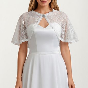 Women's Floral Capelet with Scalloped Edges Sheer Draped Overlay and Sparkling Clasp Detail