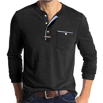 Men's Crew Neck Color Block Henley Shirt Long Sleeve Button Cotton Retro Casual Tee