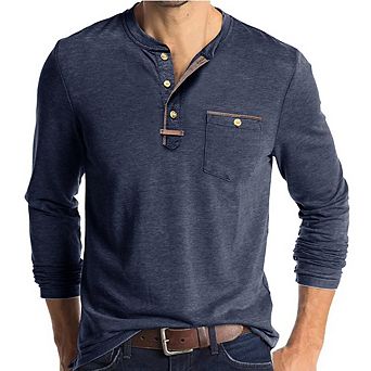 Men's Crew Neck Color Block Henley Shirt Long Sleeve Button Cotton Retro Casual Tee
