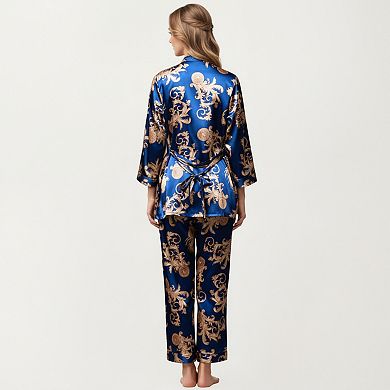 Women's 3-Piece Set Satin Baroque Print Pajama Cami with Matching Robe and Relaxed Straight Pants