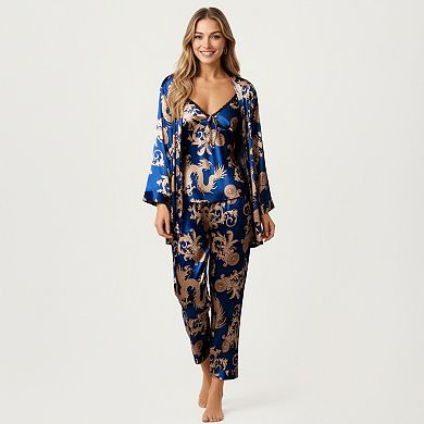 Women's 3-Piece Set Satin Baroque Print Pajama Cami with Matching Robe and Relaxed Straight Pants