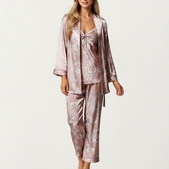 Women's 3 pc Set Satin Baroque Print Pajama Cami with Matching Robe and Relaxed Straight Pants