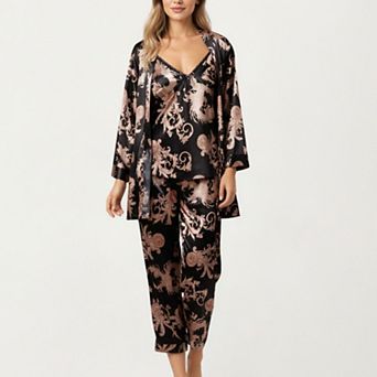 Women's 3 pc Set Satin Baroque Print Pajama Cami with Matching Robe and Relaxed Straight Pants