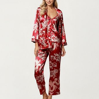 Women's 3 pc Set Satin Baroque Print Pajama Cami with Matching Robe and Relaxed Straight Pants