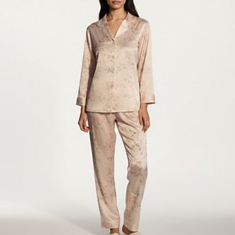 Women's 2 pc Set Floral Satin Pajama Top and Relaxed Fit Pants with Soft Collar Detail