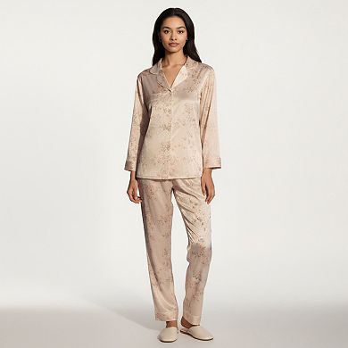 Women's 2-Piece Set Floral Satin Pajama Top and Relaxed Fit Pants with Soft Collar Detail