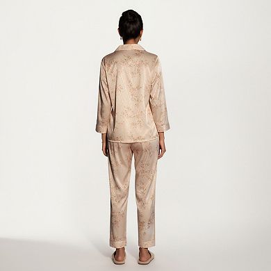 Women's 2-Piece Set Floral Satin Pajama Top and Relaxed Fit Pants with Soft Collar Detail