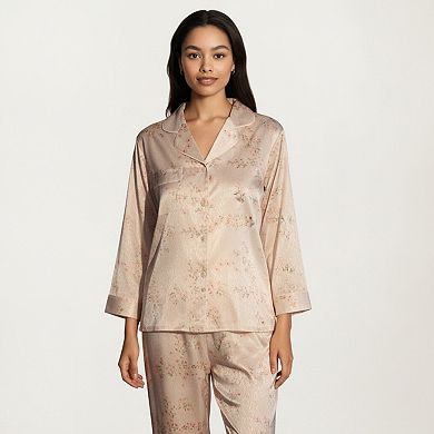 Women's 2-Piece Set Floral Satin Pajama Top and Relaxed Fit Pants with Soft Collar Detail