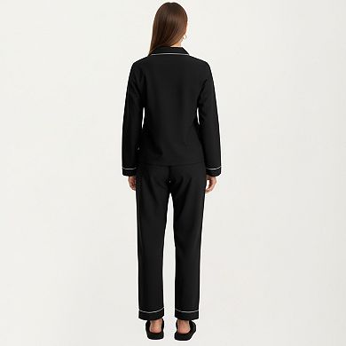 Women's Long Sleeve Pajama Set with Soft Notched Collar Button Front Top and Relaxed Straight Pants
