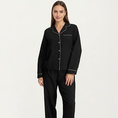 Women's Long Sleeve Pajama Set with Soft Notched Collar Button Front Top and Relaxed Straight Pants